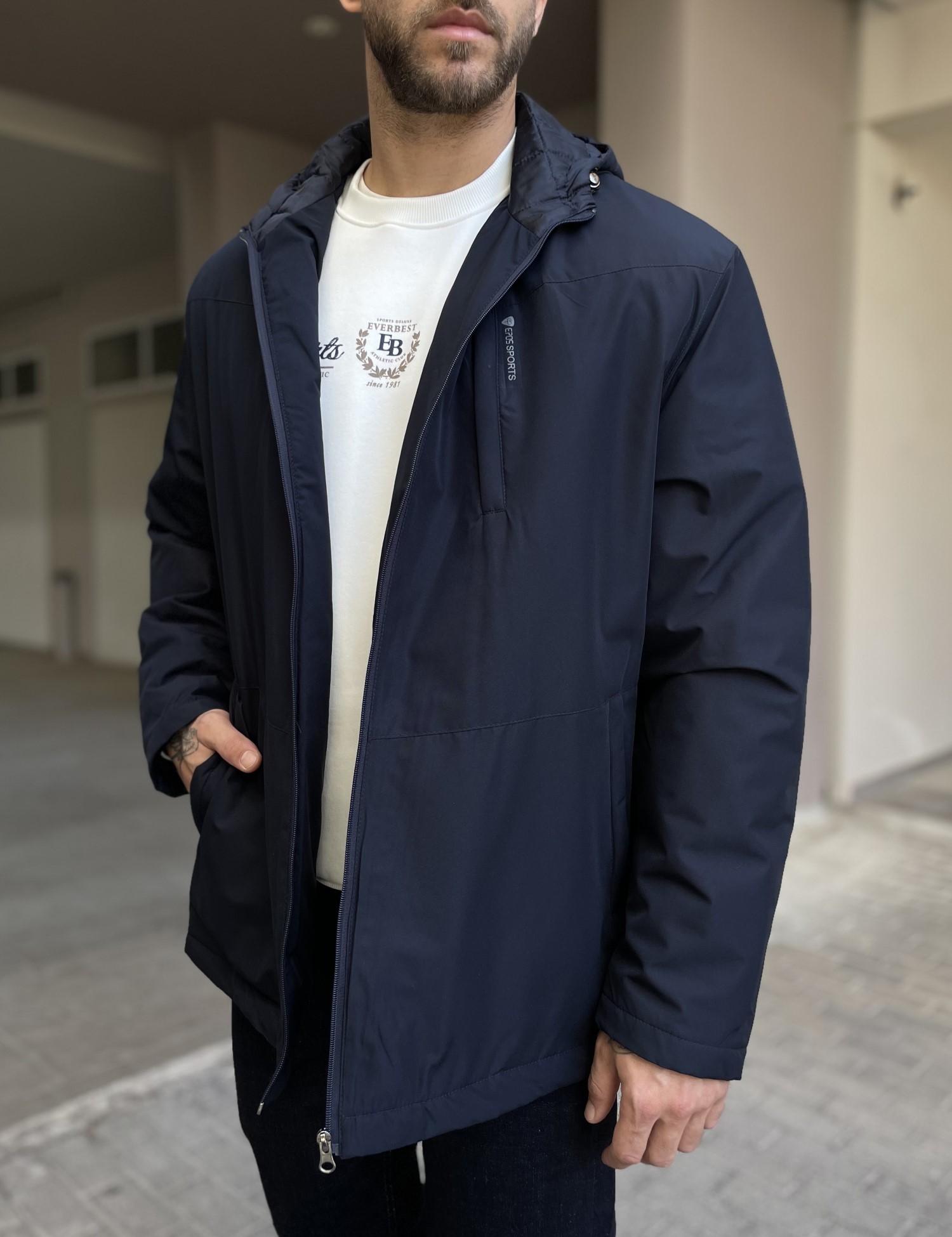 Ανδρικό μπλε μπουφάν ίσιο με κουκούλα Plus Size EP472 φωτογραφία